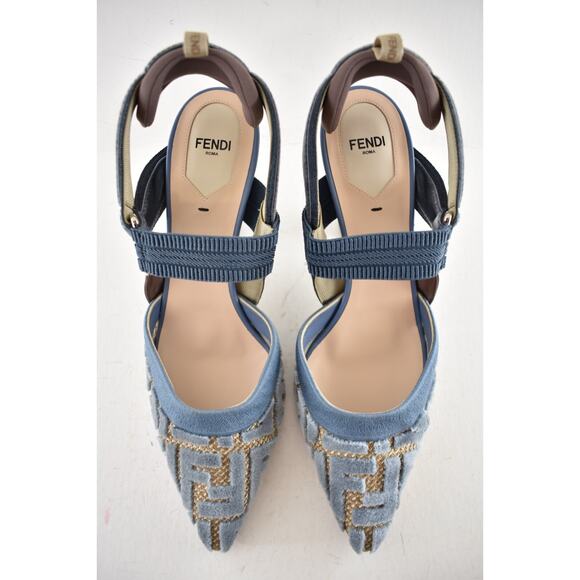 Fendi Colibri Lite 85mm Blue Velvet Beige FF Logo Pointed Slingback Heel Pump 40 - Picture 9 of 14